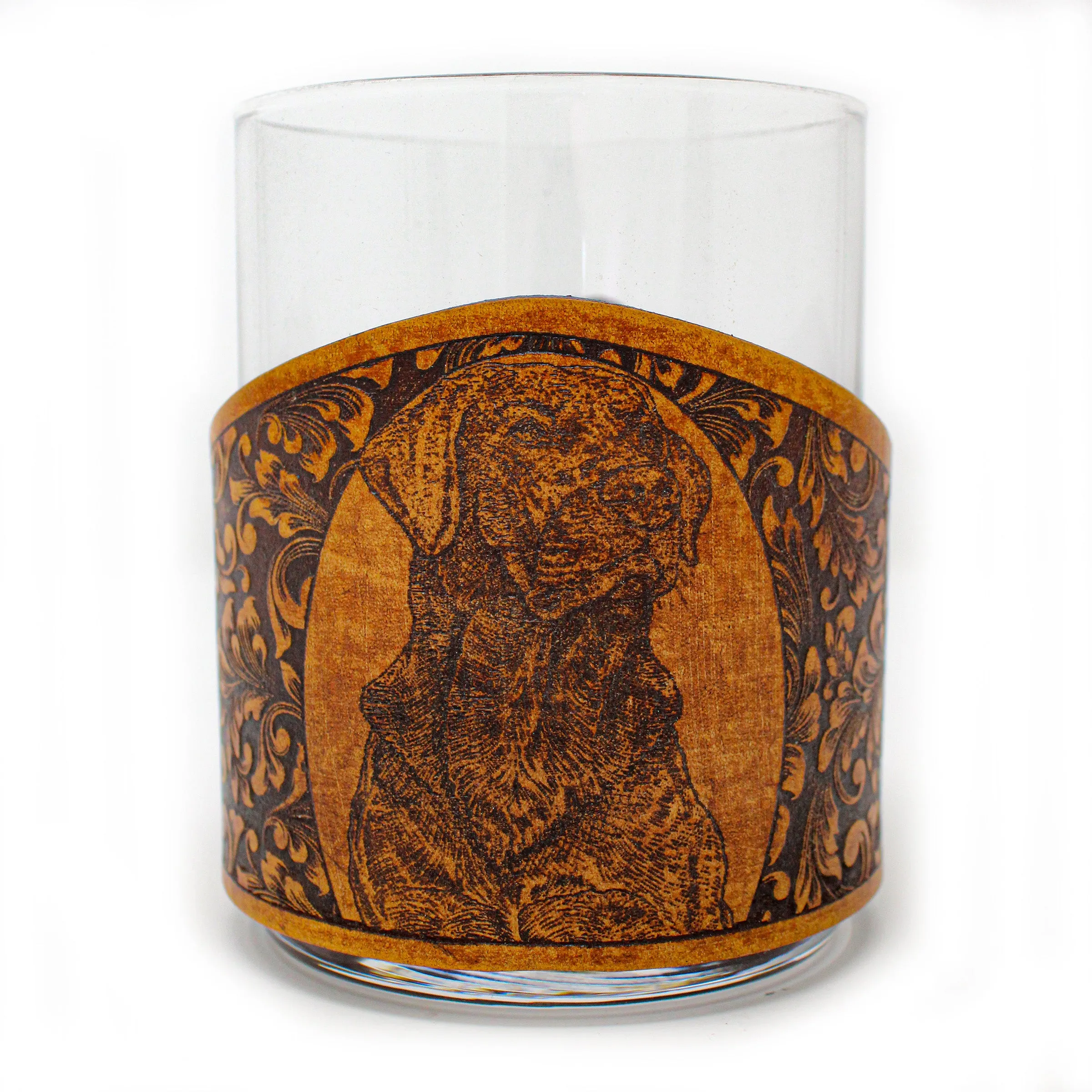 Whiskey Glass Leather Wrap - Lab Bird Dog Rocks Glass