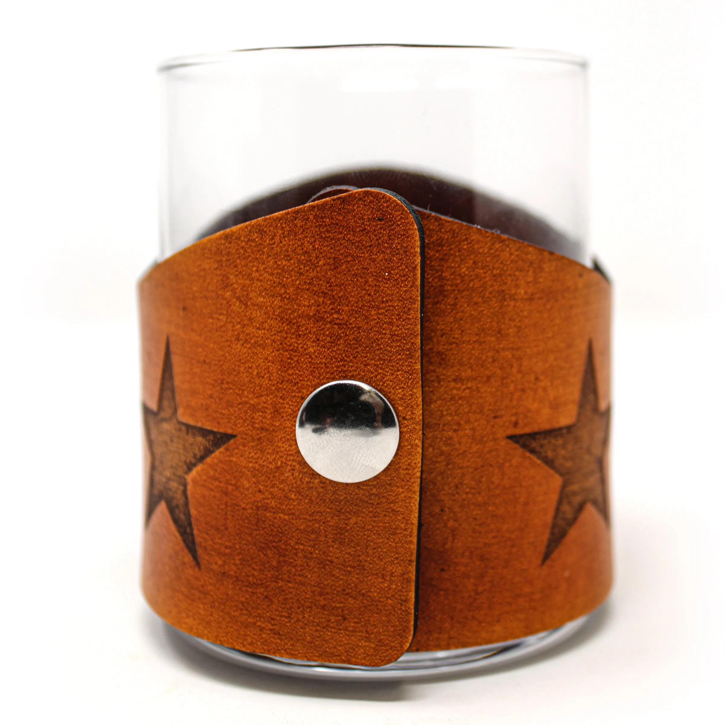 Whiskey Glass Leather Wrap - TX Flag Redfish Rocks Glass