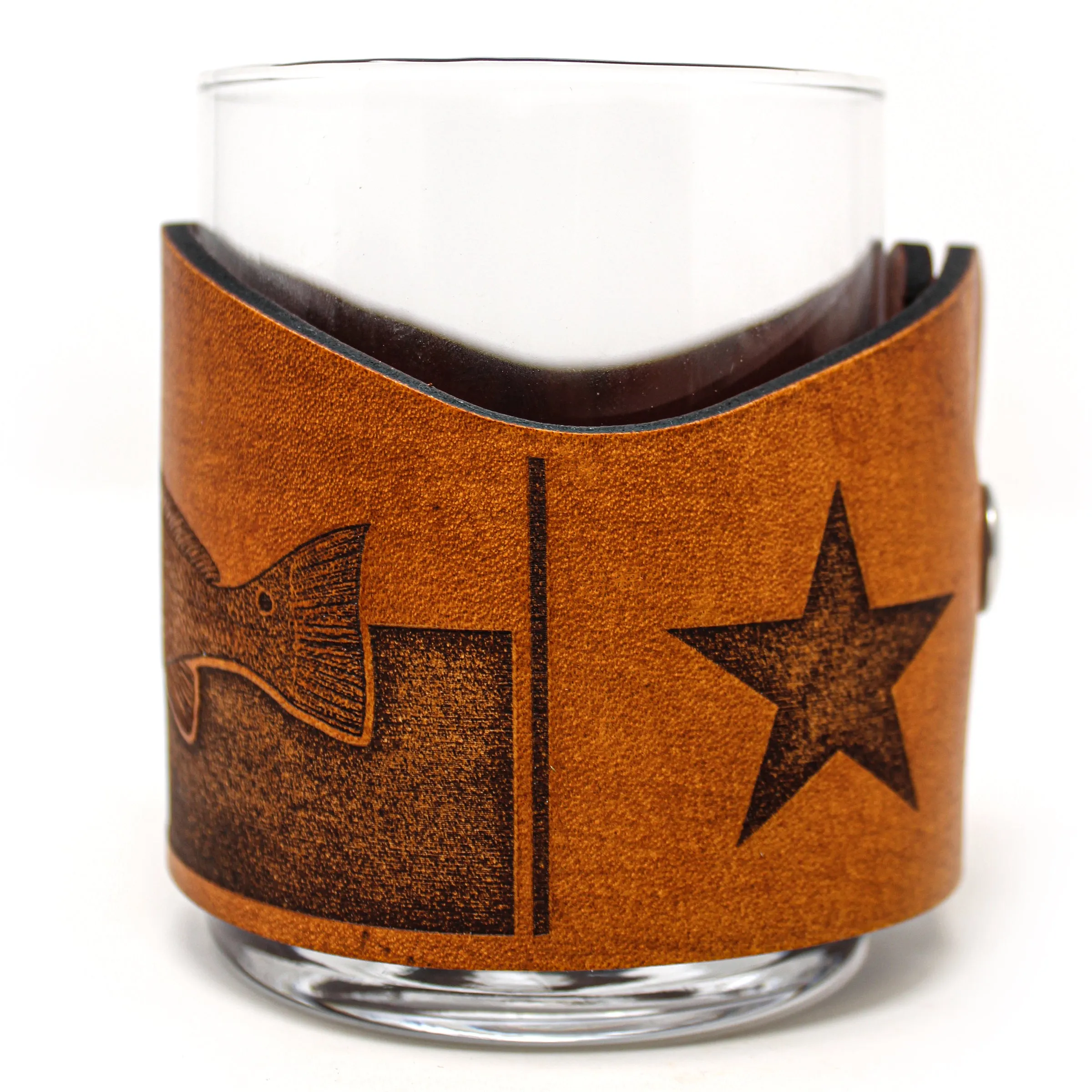 Whiskey Glass Leather Wrap - TX Flag Redfish Rocks Glass