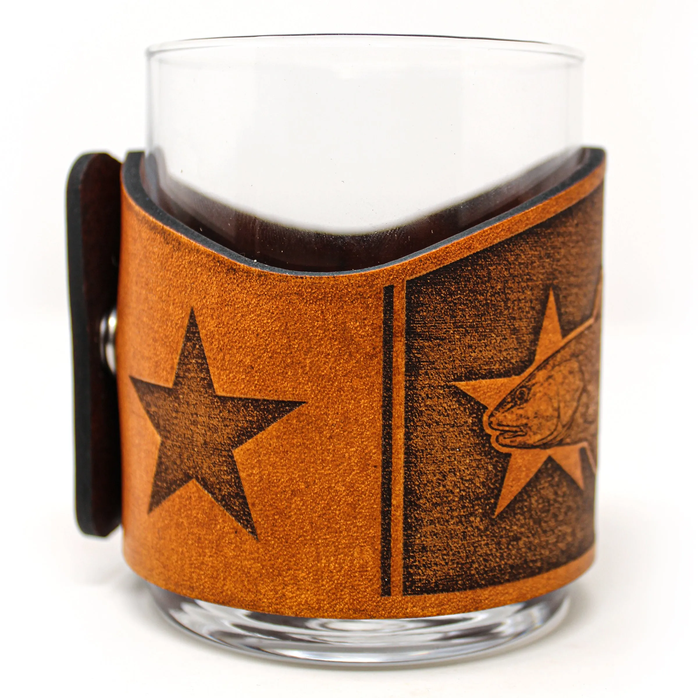 Whiskey Glass Leather Wrap - TX Flag Redfish Rocks Glass