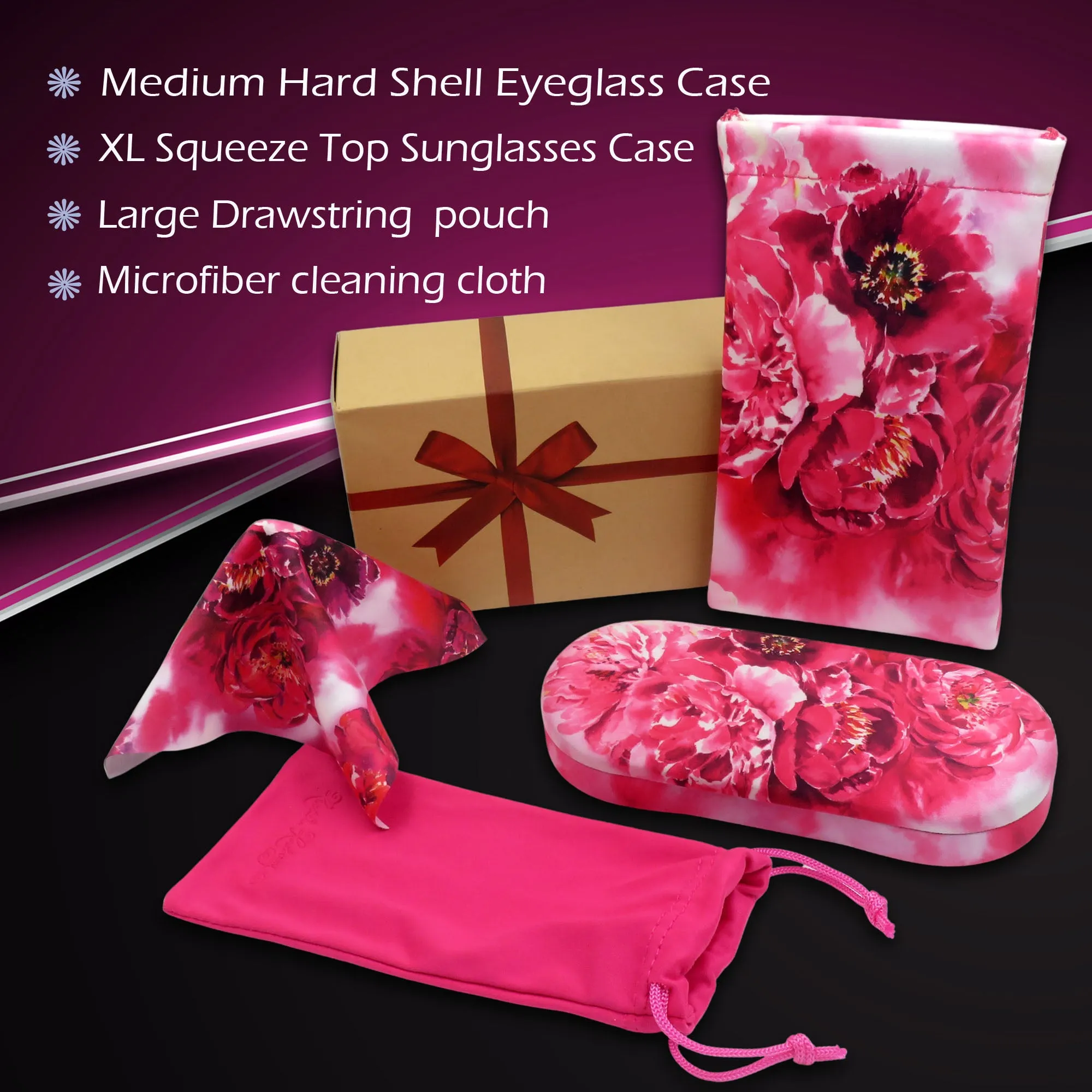 women gift kit - Hard eyeglass case with soft sunglasses Pouch - medium glasses holder with XL Sunglasses Case (Combo peonies)