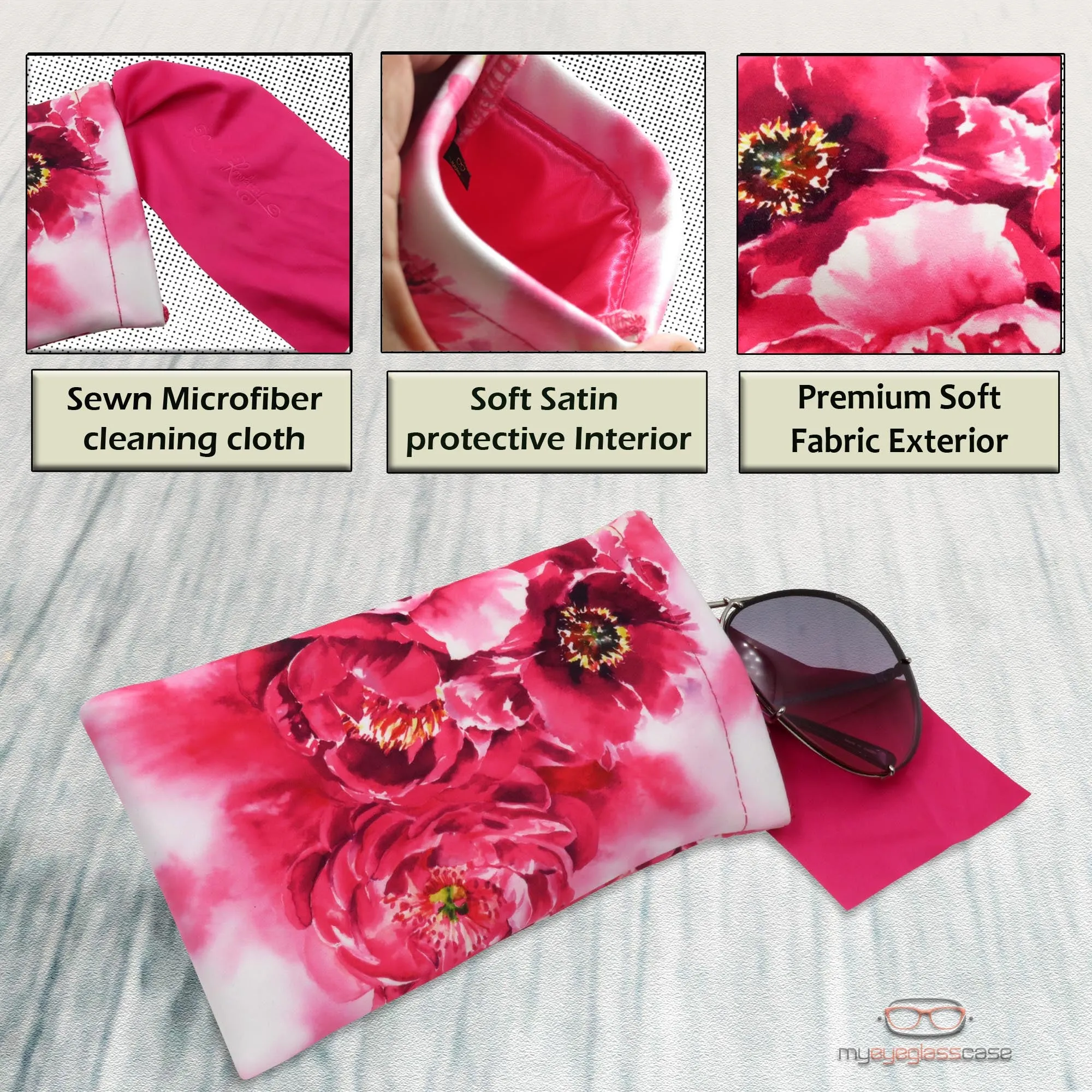 women gift kit - Hard eyeglass case with soft sunglasses Pouch - medium glasses holder with XL Sunglasses Case (Combo peonies)