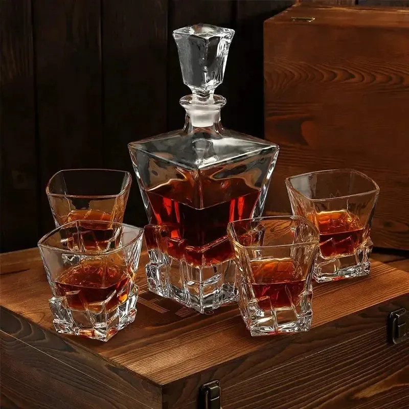 Wood Box Whiskey Decanter Set Diamond Shape with 4 Glasses , Gift for Men, Alcohol Bottle for Liquor Scotch Bourbon