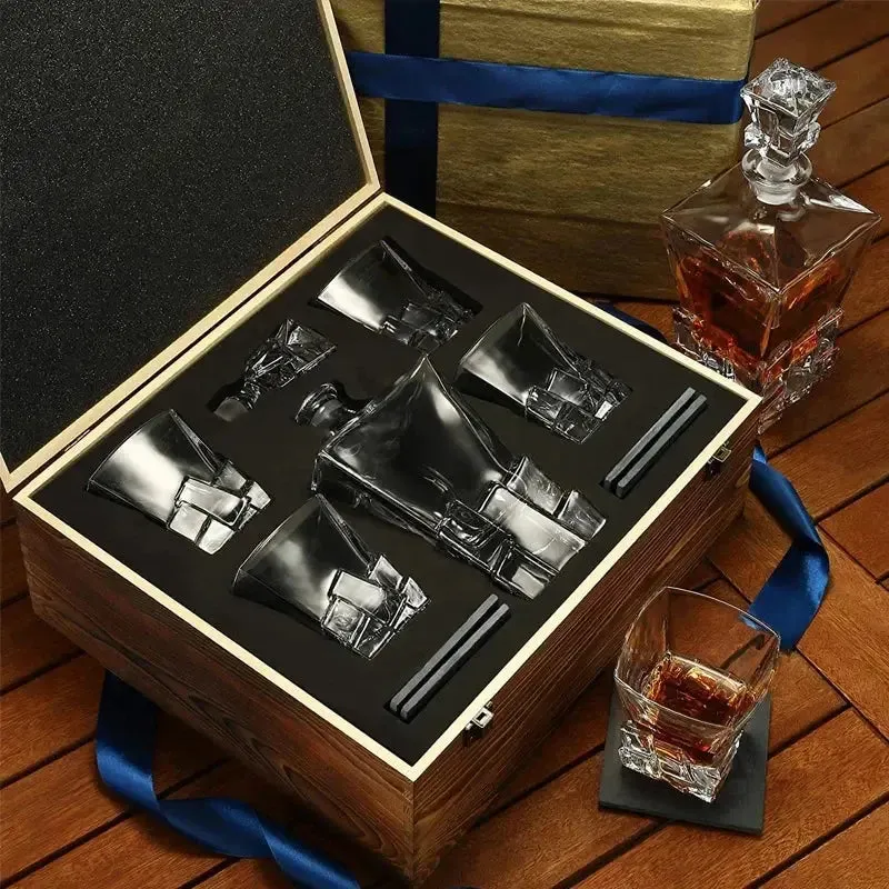 Wood Box Whiskey Decanter Set Diamond Shape with 4 Glasses , Gift for Men, Alcohol Bottle for Liquor Scotch Bourbon